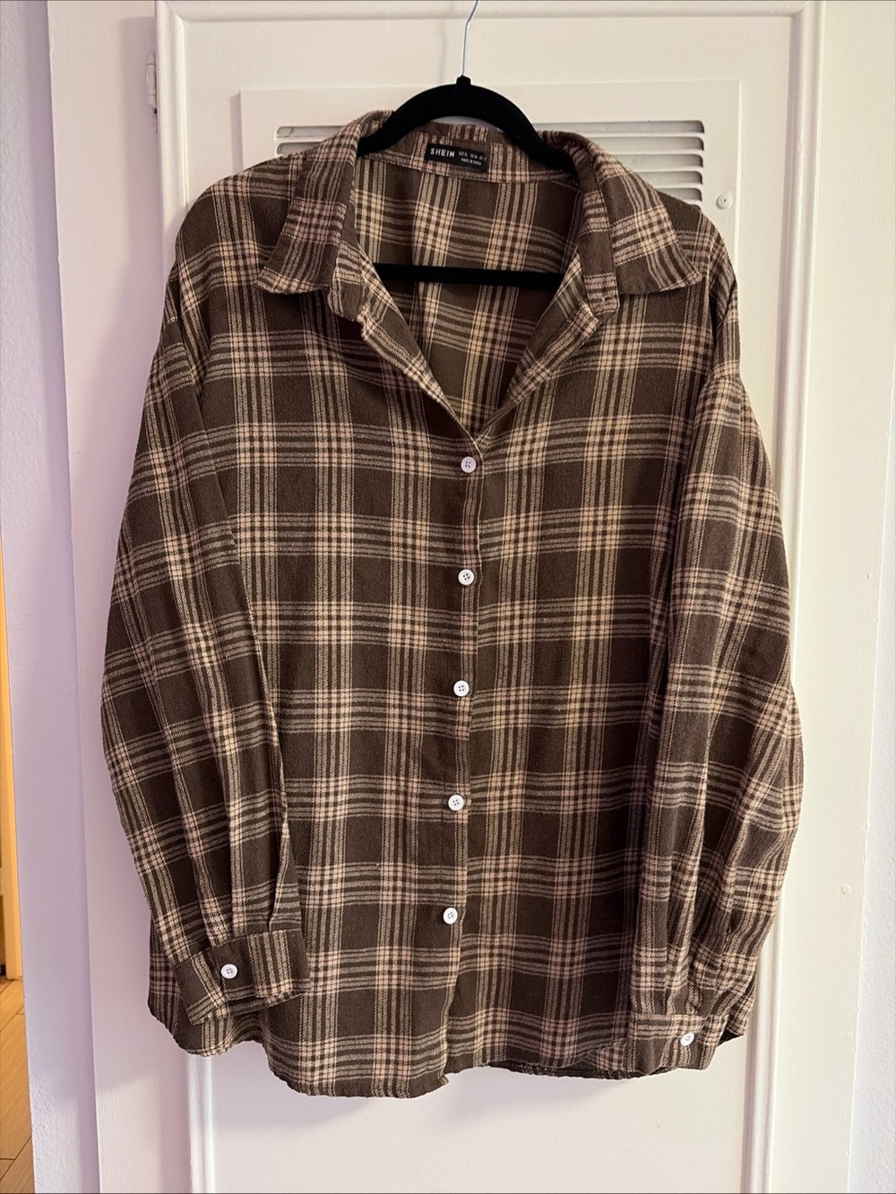 SHEIN Women’s XL Long Sleeve Button Front Plaid Brown Flannel Shift Top Brown